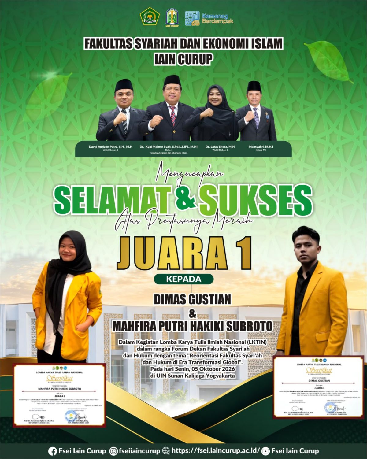 Gemilang di Tingkat Nasional, Mahasiswa HKI FSEI IAIN Curup Raih Juara I LKTIN 